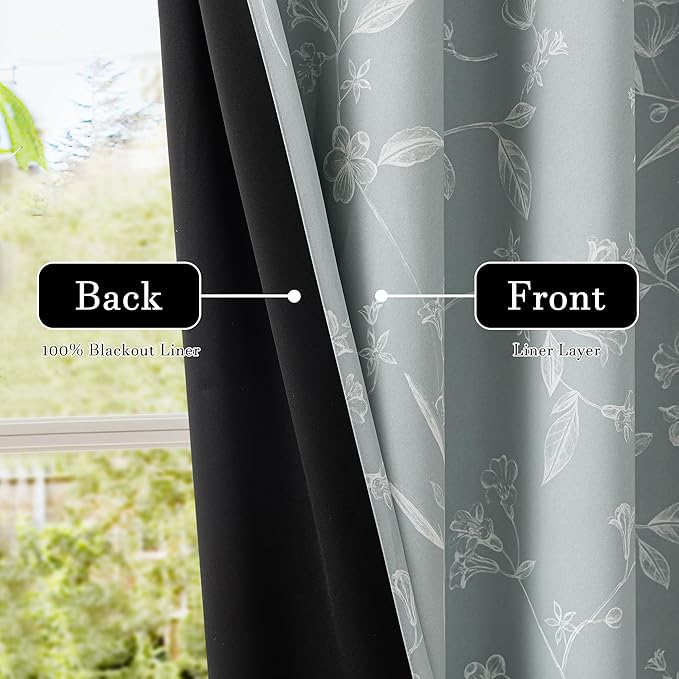 ChrisDowa Grey 100% Blackout Floral Curtains 108 Inches Long 2 Panels for Bedroom Living Room White Flower Patterned Room Darkening Thermal Insulated Soundproof Grommet Window Treatments Drapes,52X108