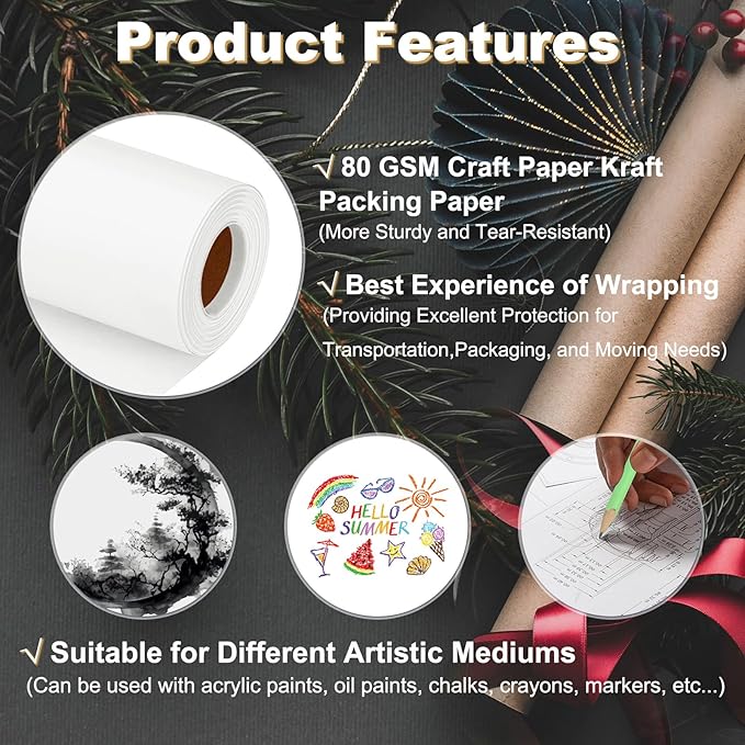 PATIKIL Wrapping Paper, 20"x2000"(160') Bulletin Board Paper Roll Kraft Paper Roll Construction 80GSM for Shipping Packing Gift Wrapping Craft Flower Bouquet Christmas, White