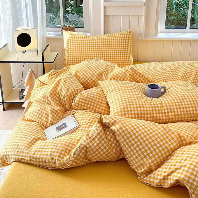 LifeTB Twin XL Comforter Set 3 Pieces Yellow Gingham Comforter Set Geometric Checkered Plaid Printed Bedding Comforter for All Seasons Fluffy Soft Lightweight Gingham Plaid Bedding Set Twin XL