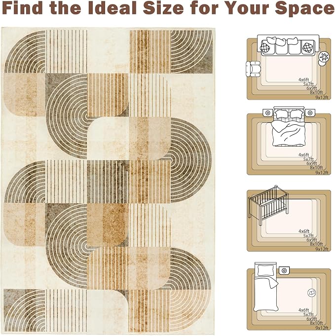Area Rugs for Bedroom Living Room 4x6 - Soft Beige Mid Century Modern Rug, Washable Non-Slip Indoor Floor Mat Abstract Neutral Carpet for Dining Room Nursery Office Home