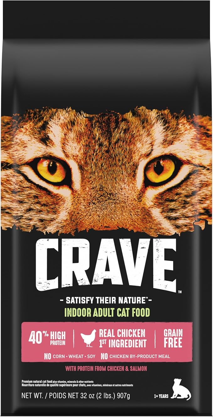 CRAVE Grain Free Indoor Adult High Protein Natural Dry Cat Food with Protein from Chicken & Salmon, 2 lb. Bag