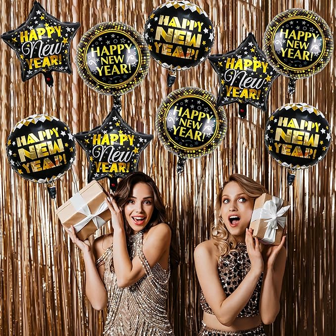 9 PCS Happy New Year Balloons Black Gold 18 Inch New Years Balloons for Happy New Year Decorations 2026 New Years Eve Party Supplies