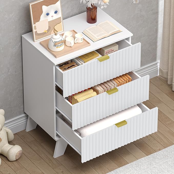 BORNOON Fluted 3 Drawer Dresser, 30.3" Tall Compact Modern Boho Chest of Drawers, Wooden Storage Cabinet for Bedroom, Living Room, Entryway, Curved Profile Design