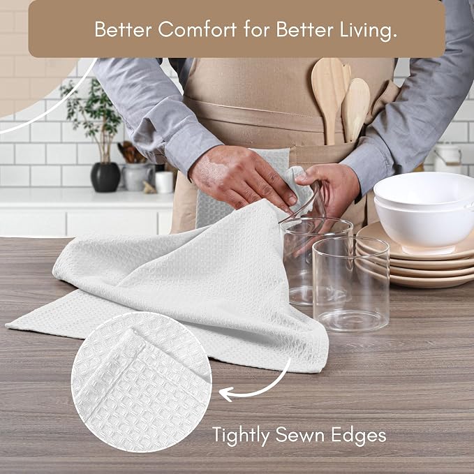 TWINY threads Waffle Kitchen Towel, Premium Large Kitchen Linen Set, 100% Cotton Dish Cloths, Absorbent Quick Drying Wash Rags for Drying Dishes, Reusable, Set of 6, 16x26 Inches, White