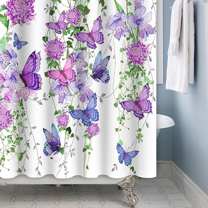 Violet Butterfly Floral Shower Curtain Spring Lavender Shower Curtain Lilac Pink Floral Bathroom Decor Waterproof Polyester Fabric with 12 Hooks,69x70 Inches