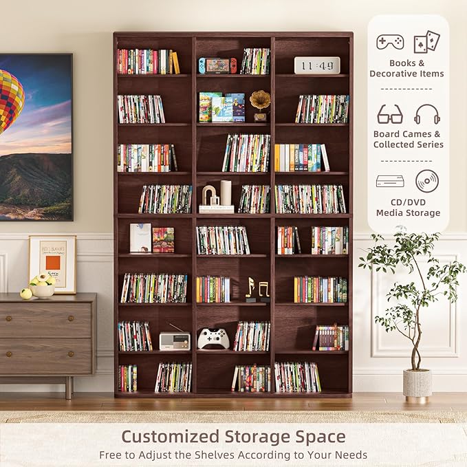 LELELINKY 8 Tier Tall Display Cabinet, Walnut Media Storage Cabinet with Adjustable Shelves, Free Standing DVD Organizer Shelf, Floor Multimedia Storage Manga Bookshelf for Living Room & Home Office.