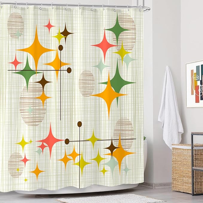 Long Mid Century Modern Shower Curtain Retro Stars Shower Curtains for Bathroom Abstract Vintage Boho Art Waterproof Fabric Bath Curtain Decor (Yellow1, 72'' x 78'')