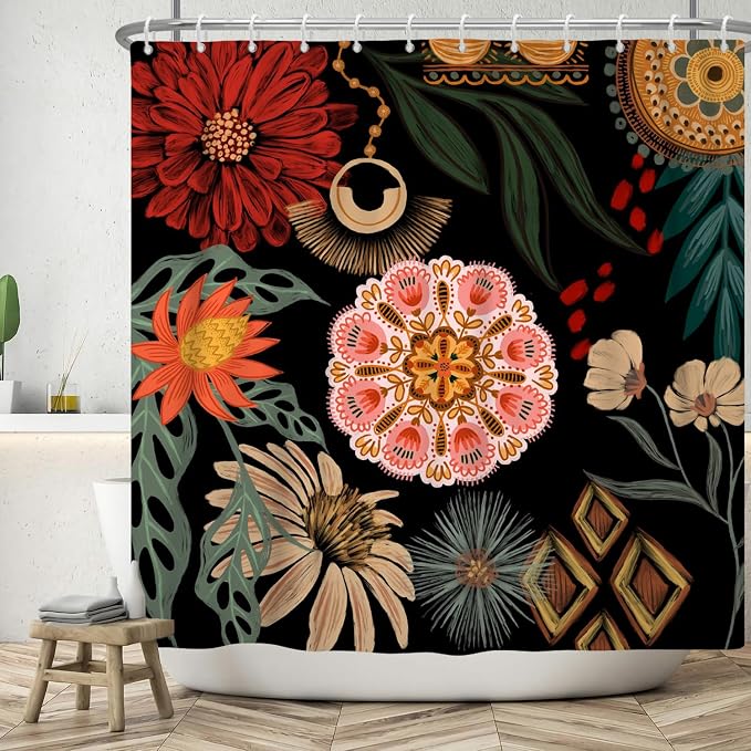 Black Boho Floral Shower Curtain Abstract Botanical Mid Century Modern Bathroom Decor Tropical Flower Shower Curtain with 12 Hooks,72x96 inches