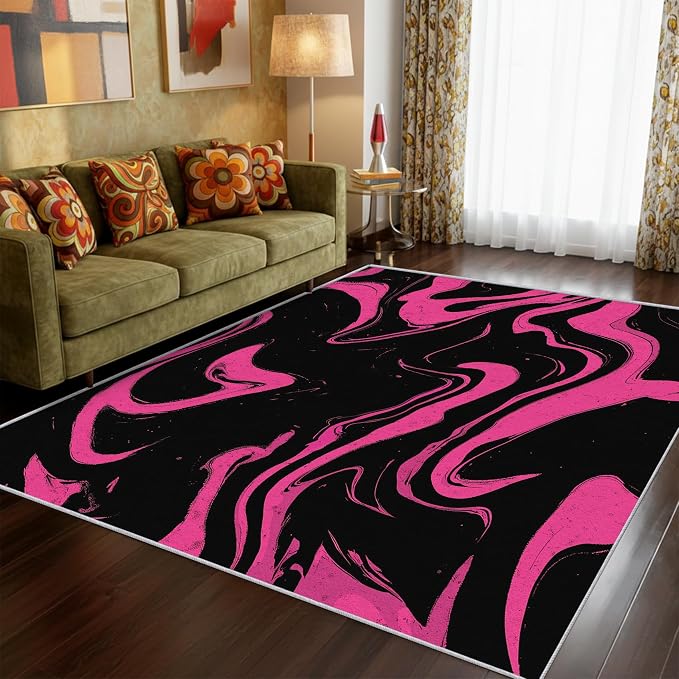 70s Rug 7x9 Retro Black Pink Abstract Hippie Pattern Area Rugs for Living Room, Bedroom, 70s Home Decor Accessories Indoor Carpet, Non Slip & Machine Washable, GD0390