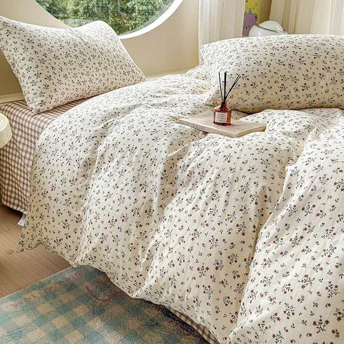 LifeTB 100% Cotton Muslin Duvet Cover Full Size Vintage Botanical Floral Duvet Cover Ultra Soft Flower Comforter Cover Lightweight Soft Breathable Gauze Bedding Comforter Cover with 2 Pillowcases