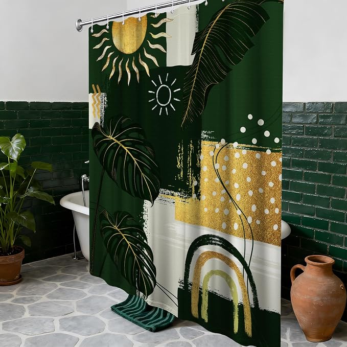 Extra Long Shower Curtain 96 Inchs Extra Tall Green and Gold XL Abstract Leaf Shower Curtains for Large Bathroom Decor Sets, Waterproof Cloth Fabric with Hooks, 70 x 96 Inch