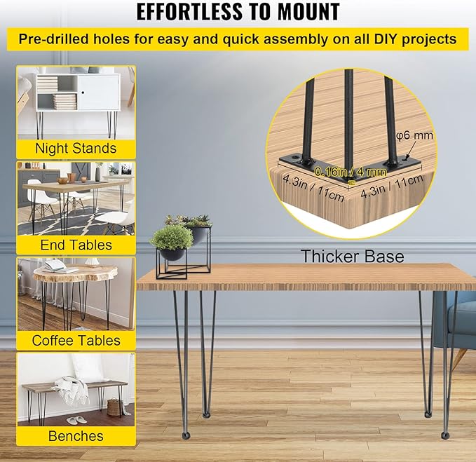 VEVOR Hairpin Table Legs 28" Black Set of 4 Desk Legs 880lbs Load Capacity (Each 220lbs) Hairpin Desk Legs 3 Rods for Bench Desk Dining End Table Chairs Carbon Steel DIY Heavy Duty Furniture Legs