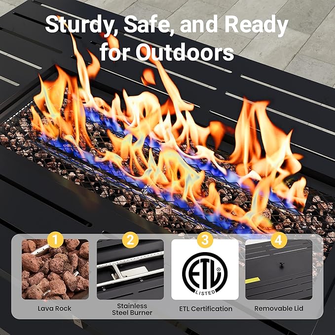 FansaFurn 43'' Propane Fire Pit Table, 50000 BTU Gas Fire Pits Table with Removable Lid and Lava Rock, Rectangular Fire Table with Cover, Ideal for Dining or Party on Patio, Garden, Yard, Black