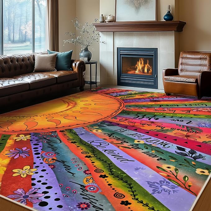 Likiyol Sun Area Rug 8x10 Rugs for Living Room, Non Slip Washable Rugs for Bedroom Soft Faux Cashmere Inspirational Living Room Rug, Large Floor Carpet for Bedroom, Dining Room, Home Office