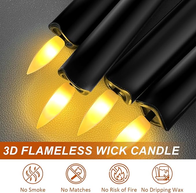 6PCS Flameless Taper Candles with 3D Flickering Flame Battery Operated Candles with 2 Remote with Button Cell Battery 10 Inch Black LED Candlesticks Window Candle for Christmas Home Decor