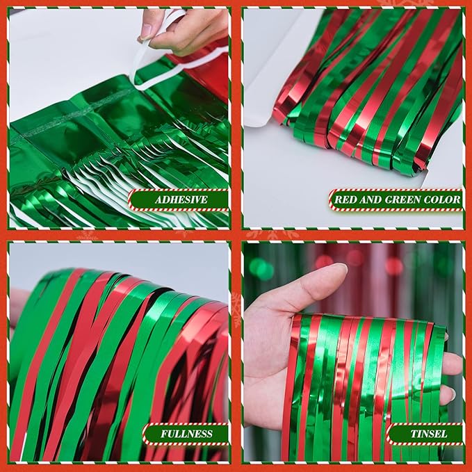 3 Pack Christmas Party Decorations, Red and Green Tinsel Foil Fringe Curtains,Ugly Sweater theme Photo Booth Prop Streamer Backdrop decor Indoor outdoor Party Supplies for Happy New Year party