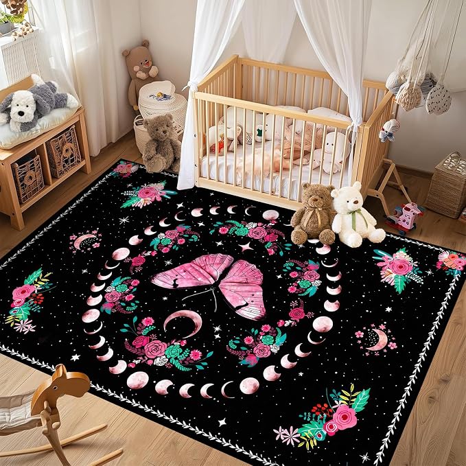 Pink Butterfly Area Rug 6'x9' Moon Phase Floral Rugs for Bedroom Living Room Kitchen Nursery Playroom Home Decor Boho Gothic Butterfly Carpet Non-Slip Washable Floor Mat