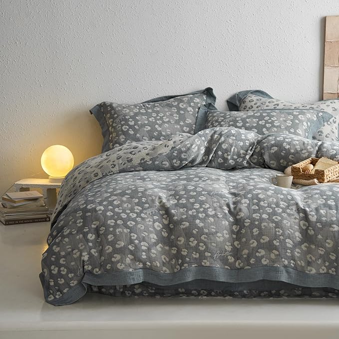 Grey Leopard Print Duvet Cover Queen Yarn-Dyed Cotton Linen Textured Duvet Cover Jacquard Design Bedding Set Queen Vintage Animal Cheetah Print Comforter Cover Leopard Pattern Boho Floral Bedding Set