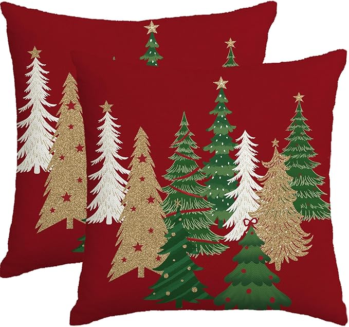 Christmas Pillow Covers 18x18 Inch Set of 2 Red Decorative Christmas Tree Throw Pillows Linen Winter Holiday Decor for Home Sofa Couch Bed Chair
