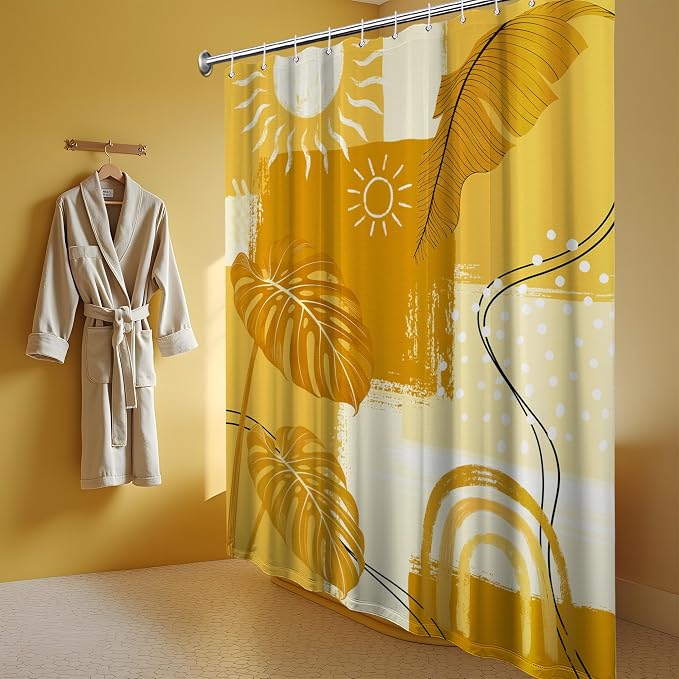 Extra Tall Shower Curtain XL Mustard Mid Century Modern, 70 x 96 in | for Extra Long 96 Inchs Shower, Yellow Abstract Pattern Design, Large Bathroom Decor Sets Waterproof Cloth Fabric, with Hooks