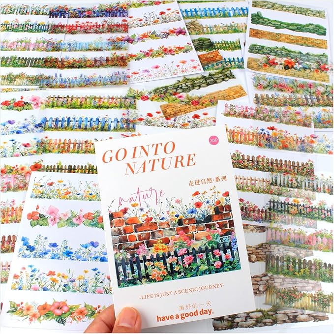 20 Sheets Gardening Scene Pre-Cut Sticker Book for Junk Journal Supplies, Flower Fence Retro Wall Collage Background Journaling Stickers, PET and Washi Stickers for Adults Planner Bujo