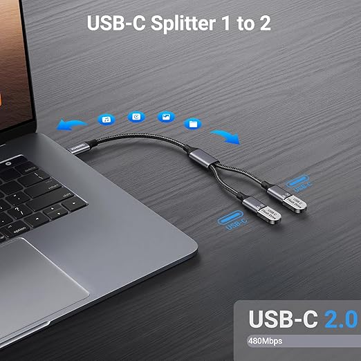 KiwiBird USB C Splitter 1 in 2 Out Charging, USBC Power Data Splitter Extension Y Cable, Type C Male to Dual USB C Female Port Adapter, Compatible with Laptop Mac Car Flash Drive Keyboard Mouse