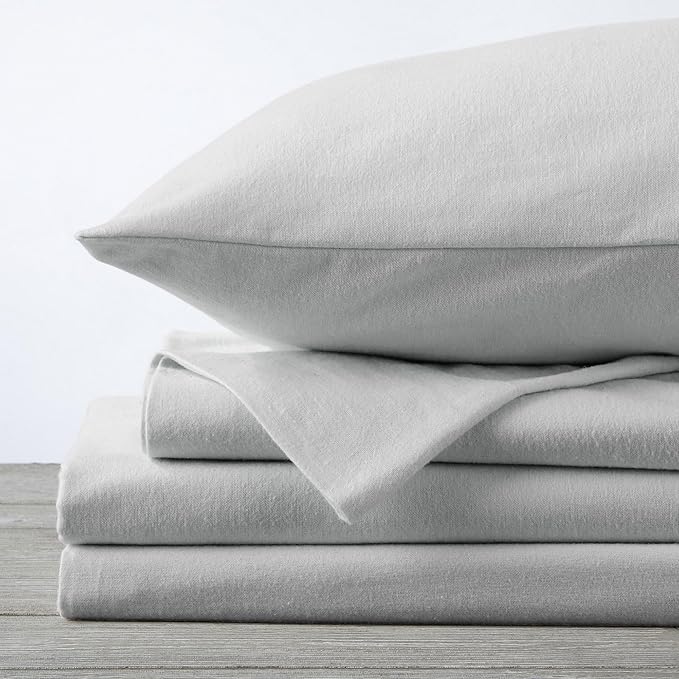 Market & Place 100% Cotton King Flannel Sheet Set | 4 Piece Deep Pocket Solid Cozy Winter Bed Sheets | Double Brushed for Extra Softness & Comfort | Chalet Collection (King, Light Grey)
