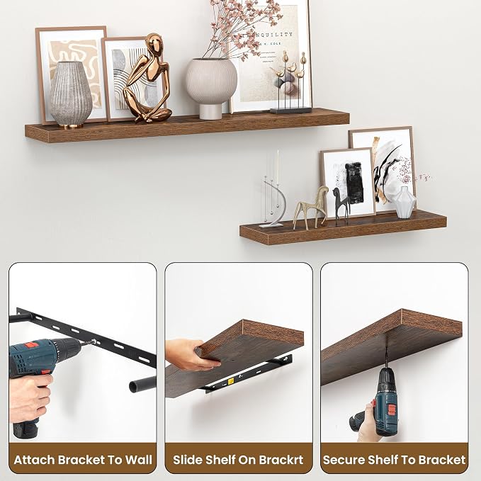 Heimlove Floating Shelves for Wall 40 Inch,Mounted Storage & Display Hanging Shelf with Invisible Brackets,for Bedroom,Living Room,Kitchen,Office,Set of 2,Rustic Brown