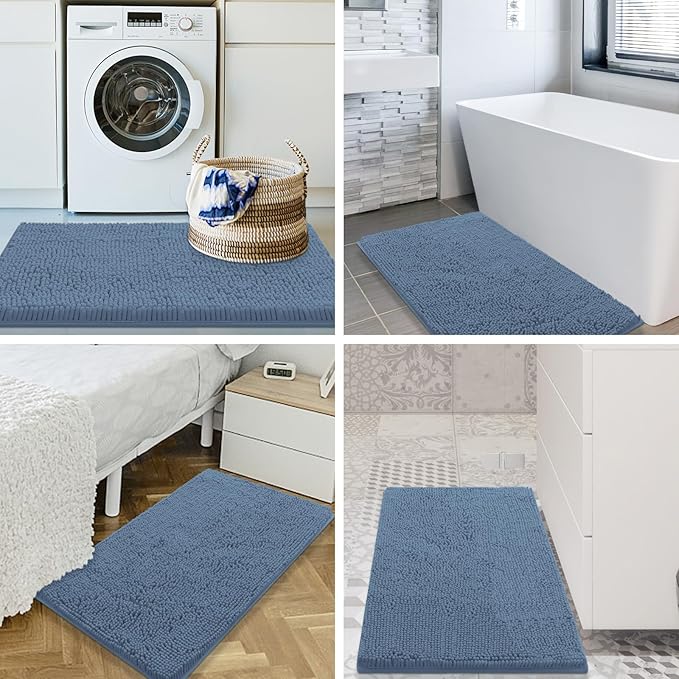 Smiry Luxury Chenille Bathroom Rugs 24x16, Extra Soft and Absorbent Shaggy Bath Mat, Machine Washable, Non-Slip Plush Carpet Runner for Tub, Shower, and Floor, Home Decor Accessories, Grayish Blue