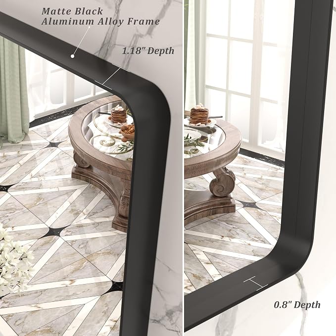 32x36 Inch Black Metal Framed Bathrrom Mirror for Wall, Black Rounded Rectangle Mirror, Matte Black Bathroom Vanity Mirror, Anti-Rust, Tempered Glass, Hangs Horizontally or Vertically