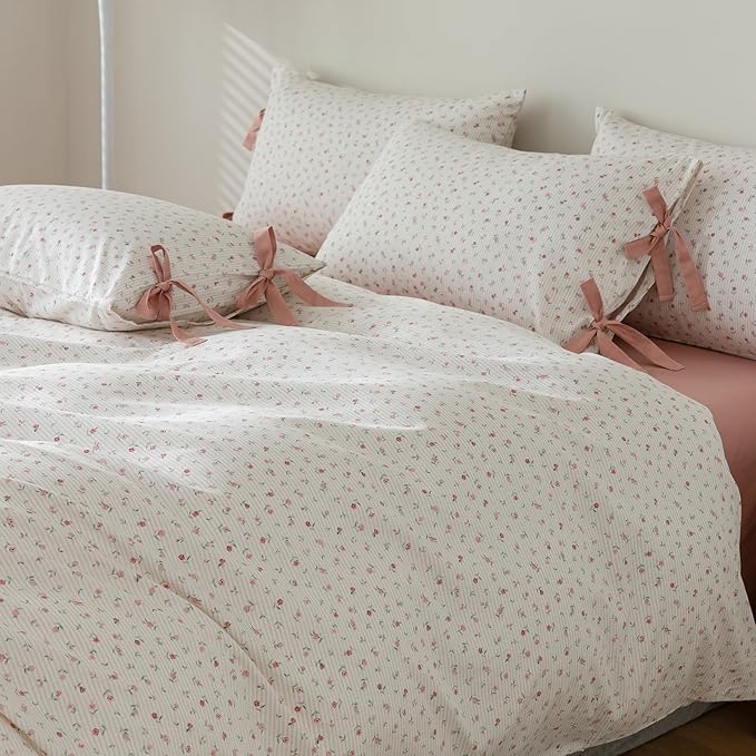 Pink Flower Duvet Cover Twin Vintage Floral Pink Stripes Duvet Cover Cotton Floral Blossom Comforter Cover Cottagecore Bedding Sets with 2 Bowknot Pillowcases Girls Botanical Floral Duvet Cover Set