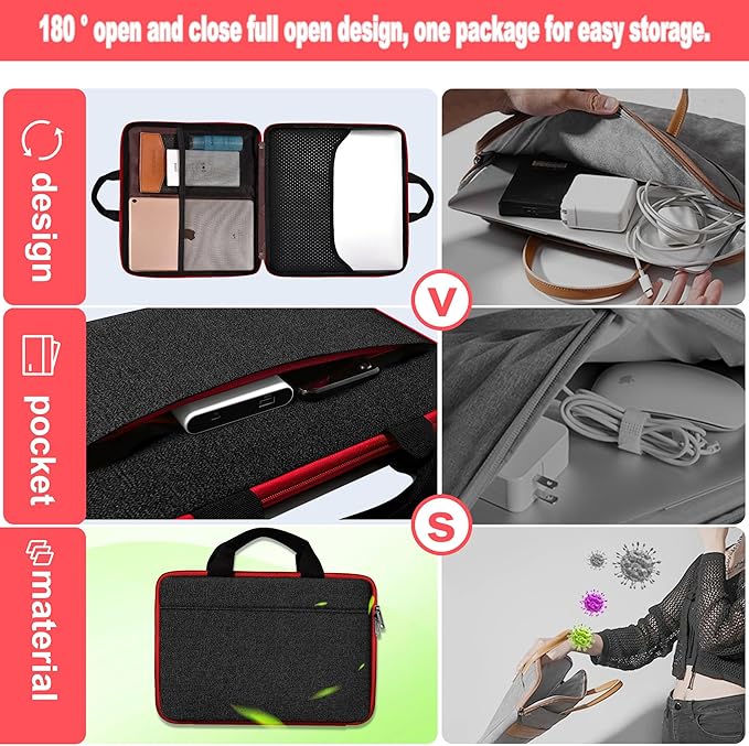Hseok Laptop Case 13.3-14 inch Briefcase Handbag, Water-Resistant and Shockproof Computer Sleeve Compatible with MacBook Pro 14", Mac Air/Pro 13.3" and 13"-14" Notebooks Chromebooks,Black-red
