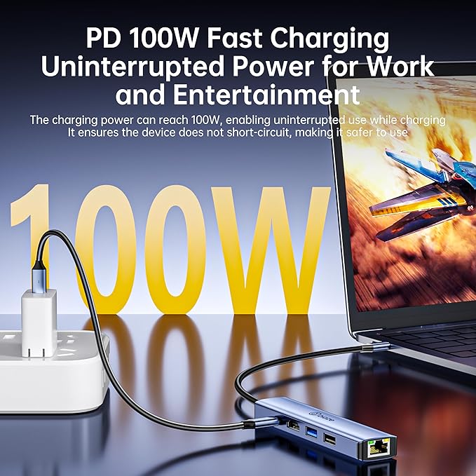 Biaze 4K60Hz USB-C Hub, 5-in-1 USB-C to HDMI Adapter Supports 100W PD Fast Charging, 100Mbps Ethernet, 4K@60Hz HDMI, USB 3.0 Compatible with MacBook Pro/Air, Laptop Type-C Docking Station