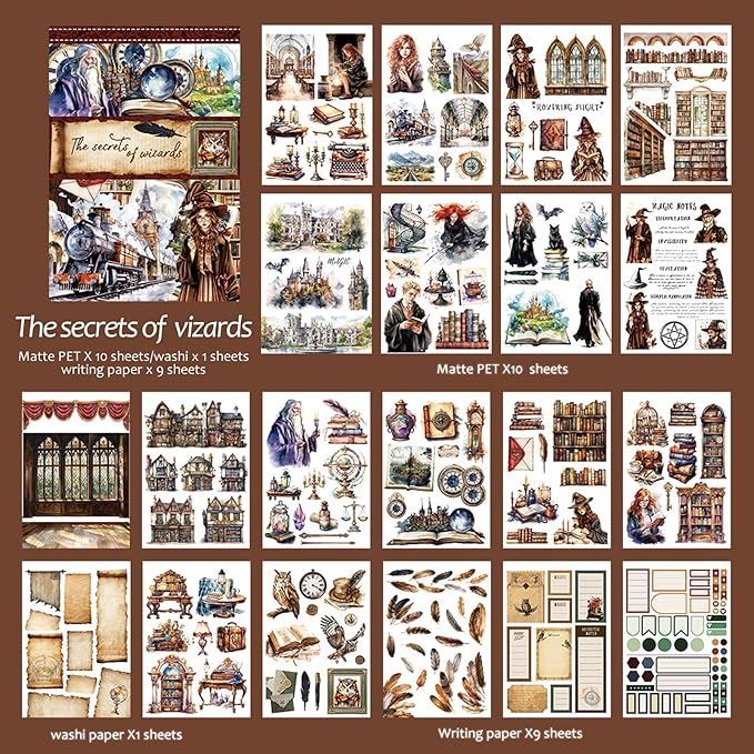 Snycler Sticker Book - 20 Sheets Vintage PET Stickers for Scrapbooking, Junk Journaling, Ephemera, and Decorative Crafts-The Secrets of Wizards