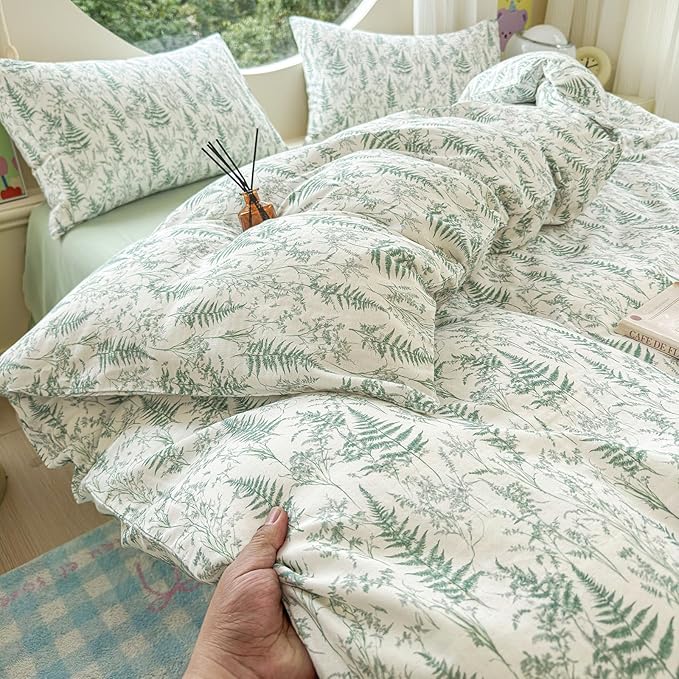 LifeTB Muslin Duvet Cover Twin Size 100% Cotton Botanical Floral Comforter Cover Ultra Soft Cottagecore Bedding Set Lightweight Linen Feel Textured Breathable Gauze Duvet Cover with 2 Pillowcases