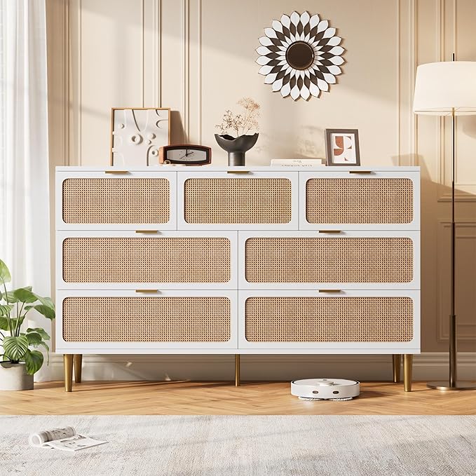 Garvee Rattan Dresser with 7 Drawers, Tall Modern Closet with Deep Storage, Large Chest of Drawers with Wide Top, Long Wooden Dresser for Bedroom, Living Room, Hallway, Kids Room, White