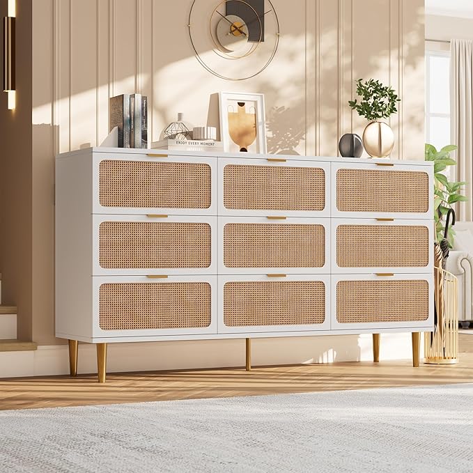 Garvee Rattan Dresser with 9 Drawers, Tall Modern Closet with Deep Storage, Large Chest of Drawers with Wide Top, Long Wooden Dresser for Bedroom, Living Room, Hallway, Kids Room, White