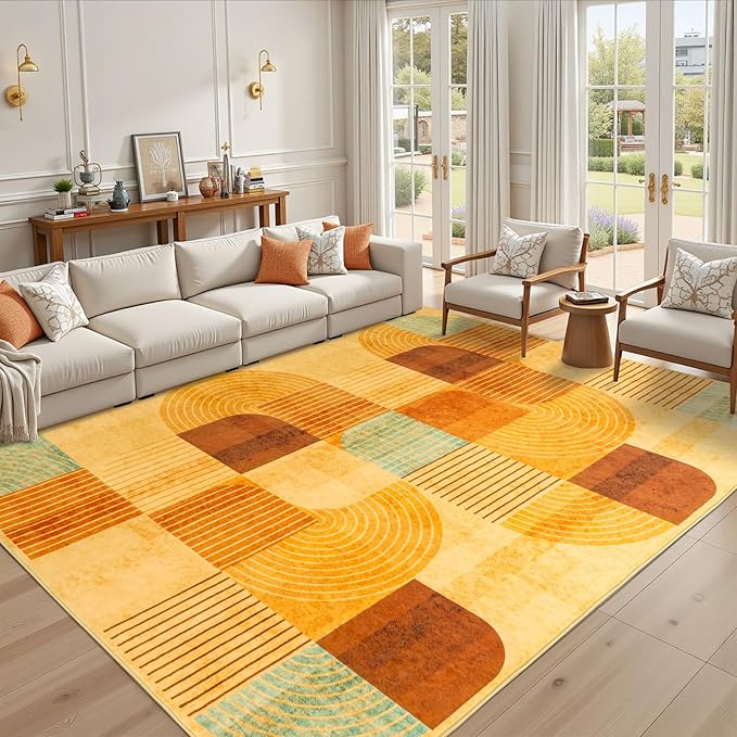8x10 Area Rugs for Living Room, Soft Modern Abstract Geometric Rug for Bedroom, Washable Non-Slip Indoor Floor Carpet for Dining Room Nursery Home，Multi/Orange