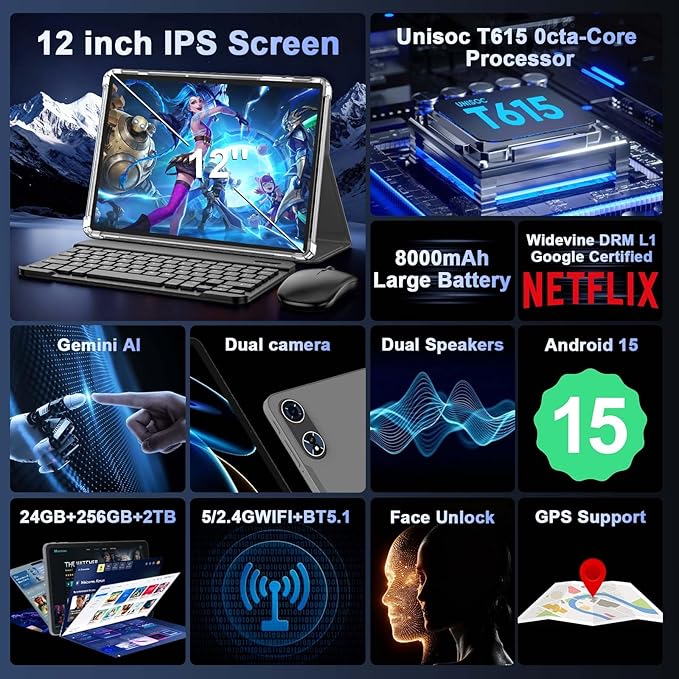 2025 12 Inch Tablet, Android 15 Tablets with Keyboard, 24GB+256GB+2TB Expand, 2K Display, Tablet PC with 5G WiFi, Octa-Core, 8000mAh, BT5.0, GMS, GPS, 2 in 1 Tablets with Case, Mouse, Stylus(Black)