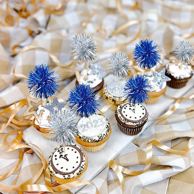 Gyufise 30Pcs Foil Firework Cupcake Toppers Sparkle Tinsel Cake Toppers Tinsel Drink Cake Decoration Cocktail Picks for Birthday Wedding Graduation Party Supplies Silver Dark Blue