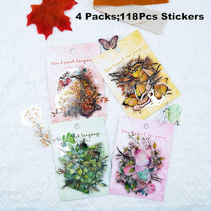 AuriicLeaf Butterfly and Branch PET Sticker Set, 118PCS Botanical Stickers for Scrapbooking, Journaling, DIY Crafts, and Planner Supplies
