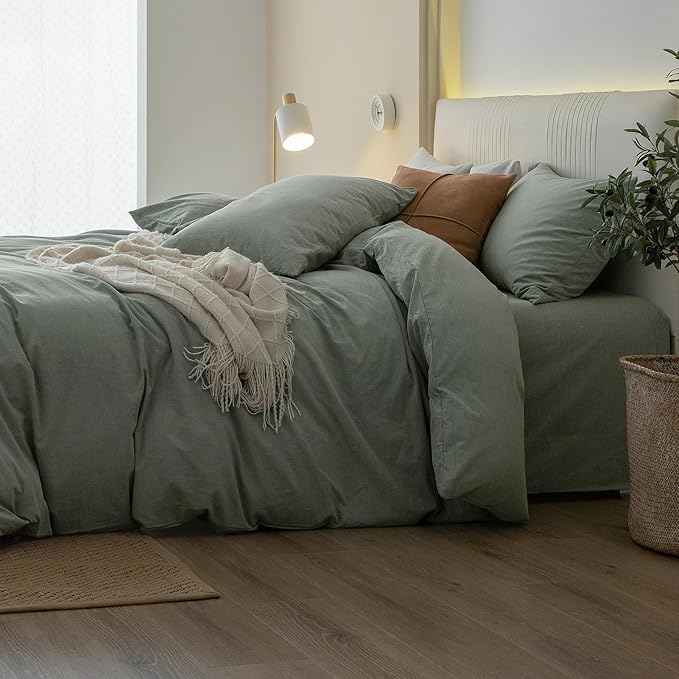 JIYUAN 100% Washed Cotton Duvet Cover Set 3 Pieces King, 1 Duvet Cover 104x90 Inches(Comforter Not Included) and 2 Pillowcases,Linen Feel Bedding Set Comfy and Breathable, Heathered Green