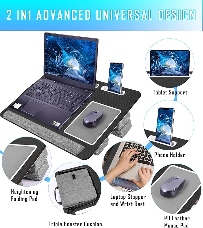 QUDODO Lap Desk - Large Bed Desk,17In Foldable Laptop Bed Tray Table with Adjustable Dual Cushion Wrist Rest & Mouse Pad,Portable Wood Laptop Stand for Bed Sofa,Multifunctional Slot for Tablet & Phone