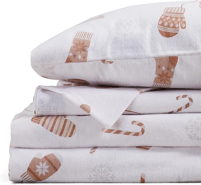 Market & Place 100% Cotton King Flannel Sheet Set | 4 Piece Deep Pocket Novelty Cozy Winter Bed Sheets | Double Brushed for Extra Softness & Comfort | Alpine Collection (King, Winter Mittens)