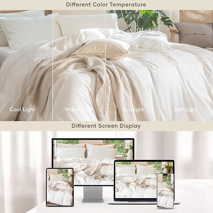 MooMee Bedding Duvet Cover Set 100% Washed Cotton Linen Like Textured Breathable Durable Soft Comfy (Solid Off White, Oversized Queen 98"x98")