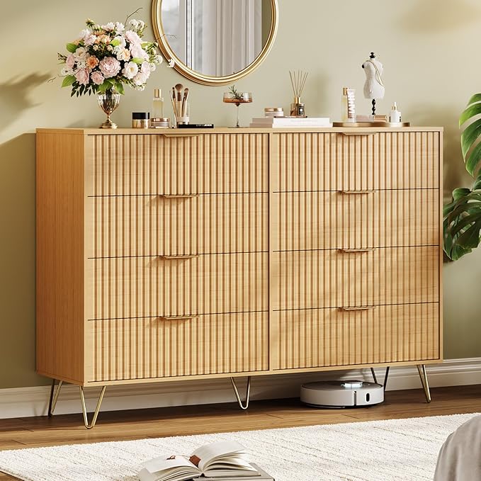 Garvee Fluted Dresser for Bedroom with 8 Drawers,55" Wide Modern Chest of Wooden Bedroom Chest with Metal Handle,Clothes Storage Organizer,Closet Dresser & TV Stand for Living Room,Hallway