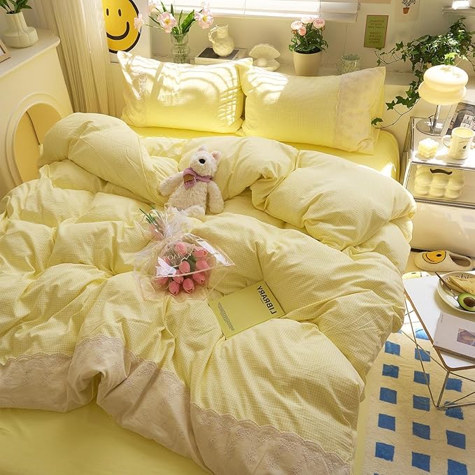 LifeTB Yellow Gingham Duvet Cover King 3 Pieces Romantic Lace Comforter Cover Soft Microfiber Cream Yellow Grid Duvet Cover Farmhouse Plaid Checkered Comforter Cover Grid Gingham Bedding Set