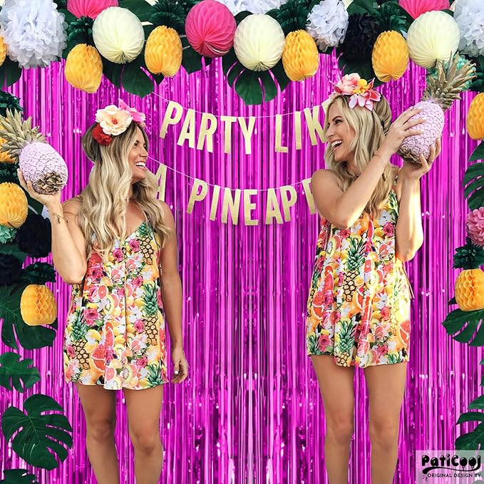 Thicken Hot Pink Streamers 4 Pack 3.2x8.2 FT, Pink Birthday Decrorations Tinsel Backdrop Curtains, Foil Fringe Photo Backdrop for Bachelorette, Graduation, Summer Hawaiian Party Decorations