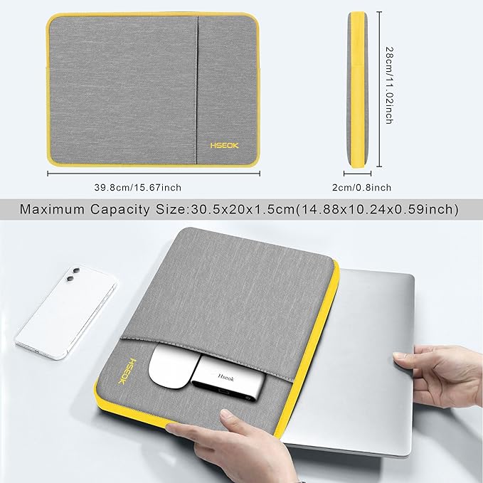 Hseok Laptop Case 15.6 Inch Sleeve, Shockproof Protective Water Repellent with Accessory Pocket,Compatible with Mac Pro 16 inch 2025-2019, Sleeve Bag for Most 15 15.6 16 Notebooks,Gray&Yellow