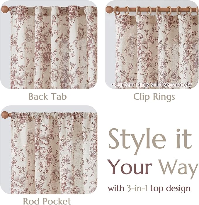 jinchan Linen Blend Curtain Floral Curtains for Living Room 90 Inch Length Christmas Brick Red Printed Curtain Rod Pocket Back Tab Farmhouse Peony Flower Patterned Drapes Curtains Set 2 Panels